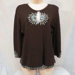 VTG J.A.C. Beaded Embellished Knit Top Brown Long Sleeve Keyhole Blouse Size XL